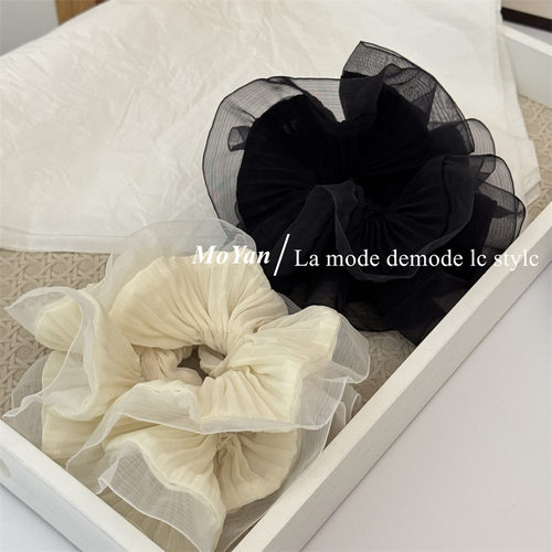 韩版新款褶皱欧根纱木耳边大肠发圈高级感扎头绳甜美气质头花发绳 - 图1