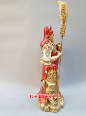 彩绘托宝竖刀关二爷提刀关羽铜像