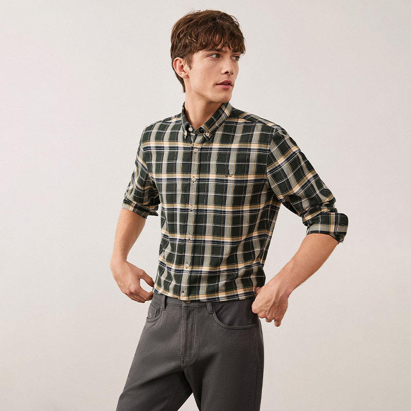 Navigare意大利小帆船秋季新款绿色高级感衬衫男长袖休闲格子衬衣 - 图2