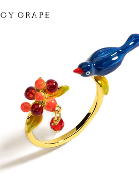 戒指开口可调节珐琅甜美浆果樱桃