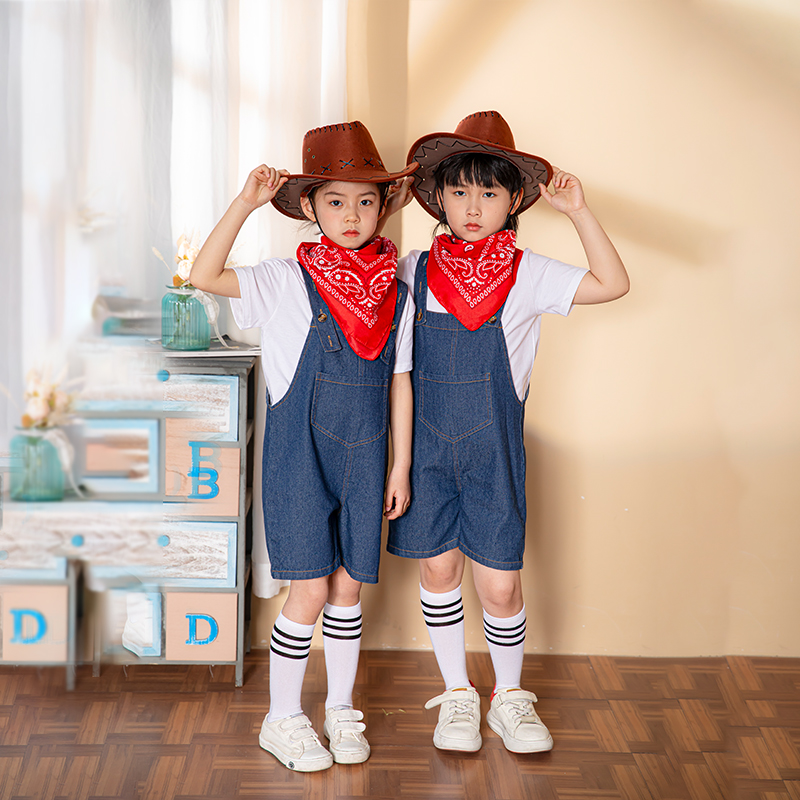 儿童演出服牛仔很忙背带裤套装小学生表演服幼儿园花童舞蹈服男女 - 图0