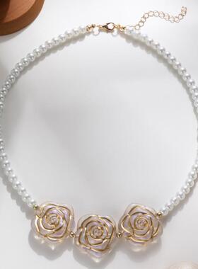 巴洛克珍珠项链花朵吊坠颈链
