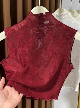 安可拉红蕾丝假领子女百搭高档耳边高领无袖背心上衣网纱打底
