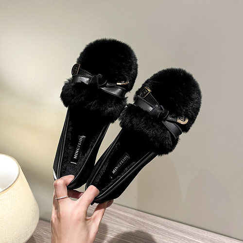 毛毛鞋女秋冬外穿2025新款兔毛大码孕妇一脚蹬豆豆鞋加绒平底棉鞋 - 图0