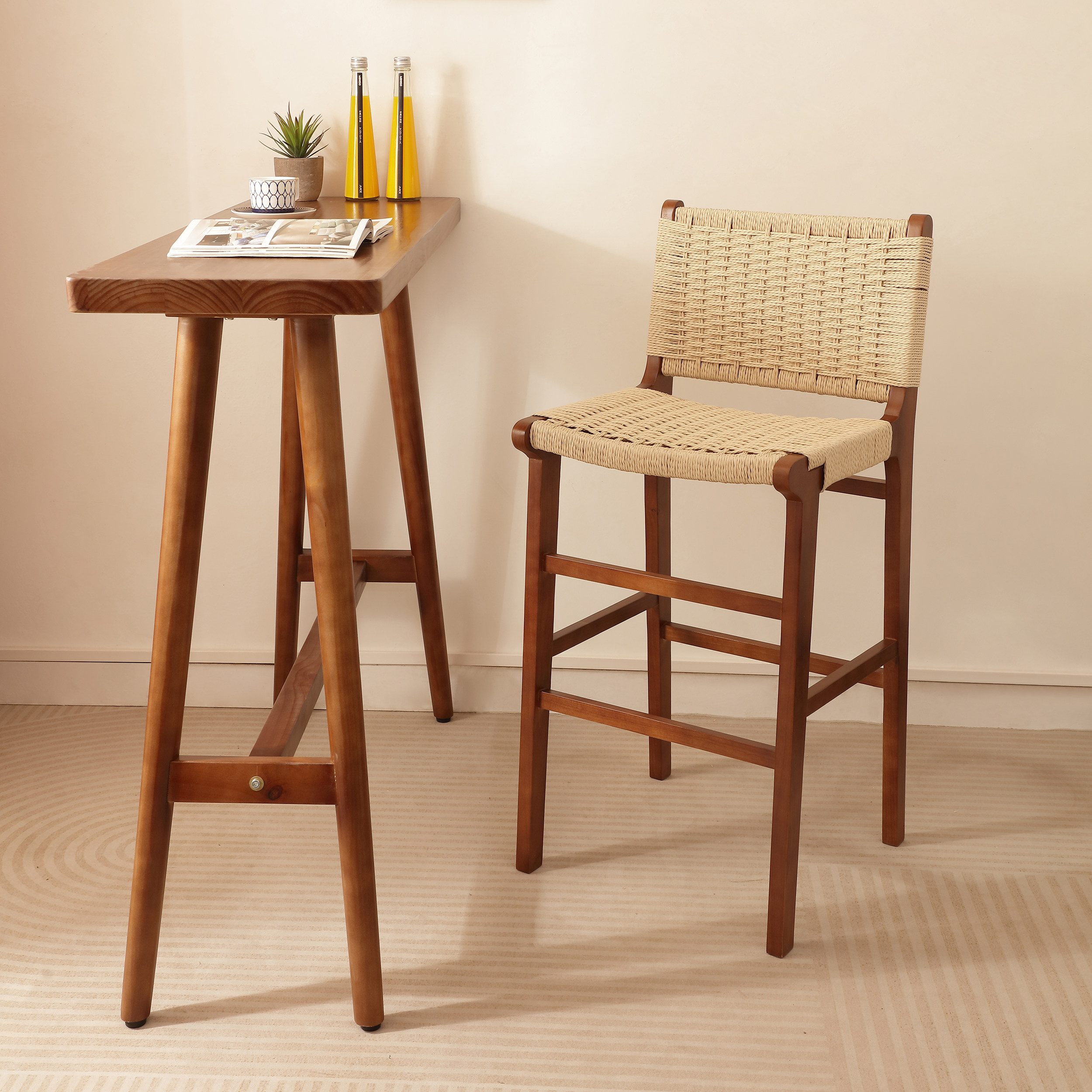 实木绳编吧椅家用复古餐椅酒吧餐厅高脚凳侘寂风岛台椅前台接待凳,淘宝优惠券,粉丝福利购,淘宝优惠卷