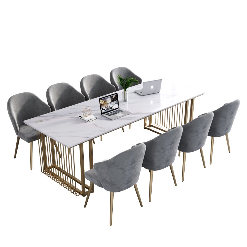 大理石会议桌岩板现代长桌椅组合北欧轻奢办公桌美容院洽谈接待桌