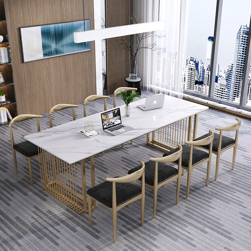 大理石会议桌岩板现代长桌椅组合北欧轻奢办公桌美容院洽谈接待桌