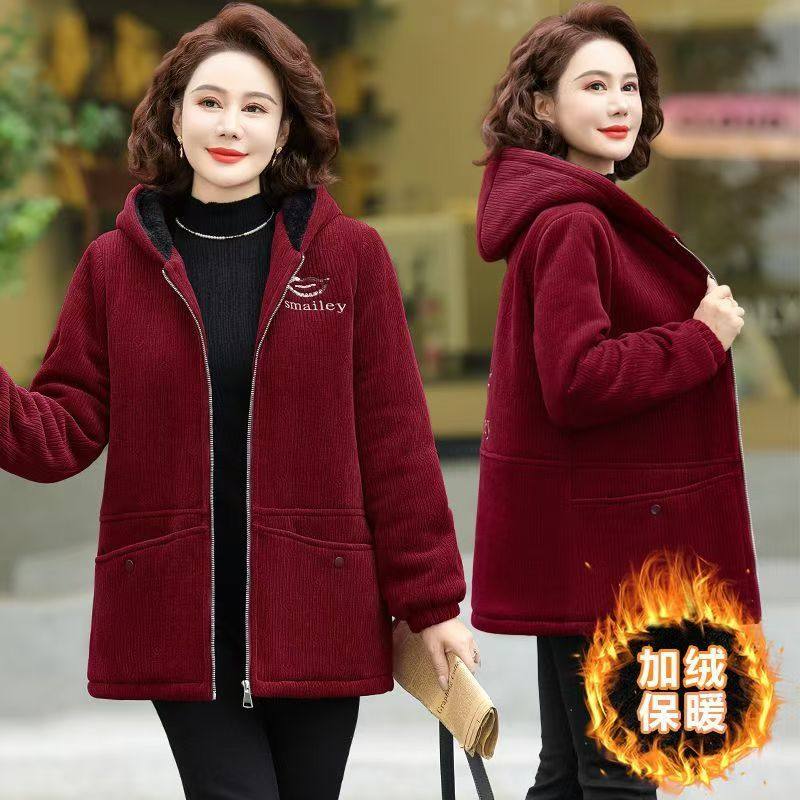 中年妈妈新款加绒加厚连帽休闲卫衣冬季中长款外套时尚保暖开衫女,淘宝优惠券,粉丝福利购,淘宝优惠卷