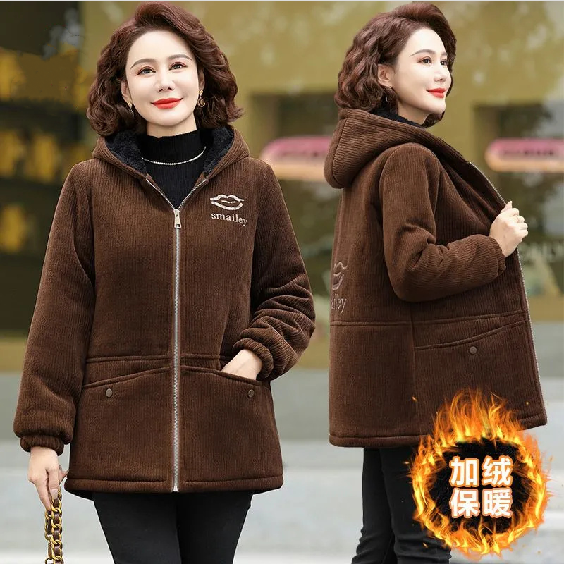 中年妈妈新款加绒加厚连帽休闲卫衣冬季中长款外套时尚保暖开衫女,淘宝优惠券,粉丝福利购,淘宝优惠卷