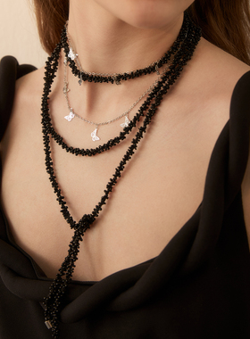 苏心丰富双层蝴蝶手工串珠长款黑色米珠项链水晶珠子珠串毛衣项链