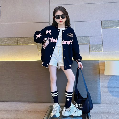 女童刺绣字母棒球服上衣2026春秋款中大童洋气韩版校园风夹克外套 - 图1