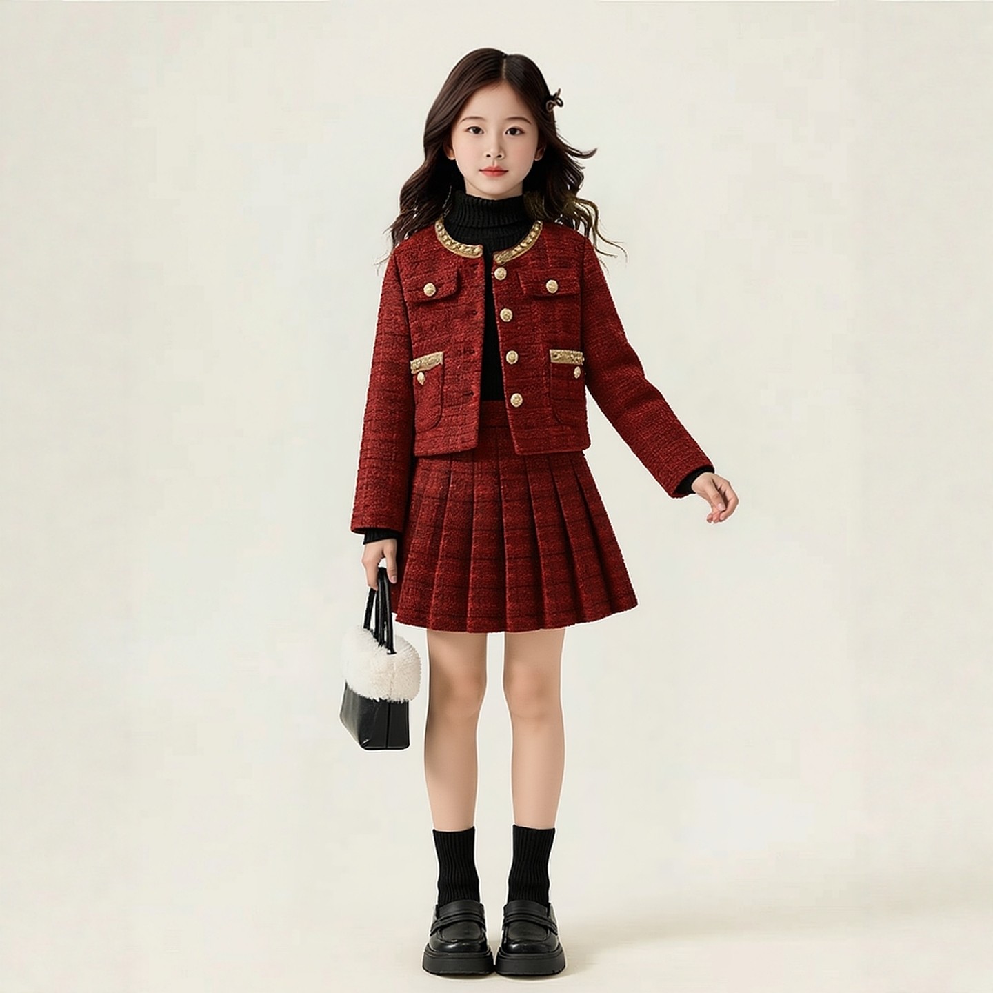 女大童小香风套装2025新年红格纹毛呢夹棉外套百褶裙两件套千金风,淘宝优惠券,粉丝福利购,淘宝优惠卷