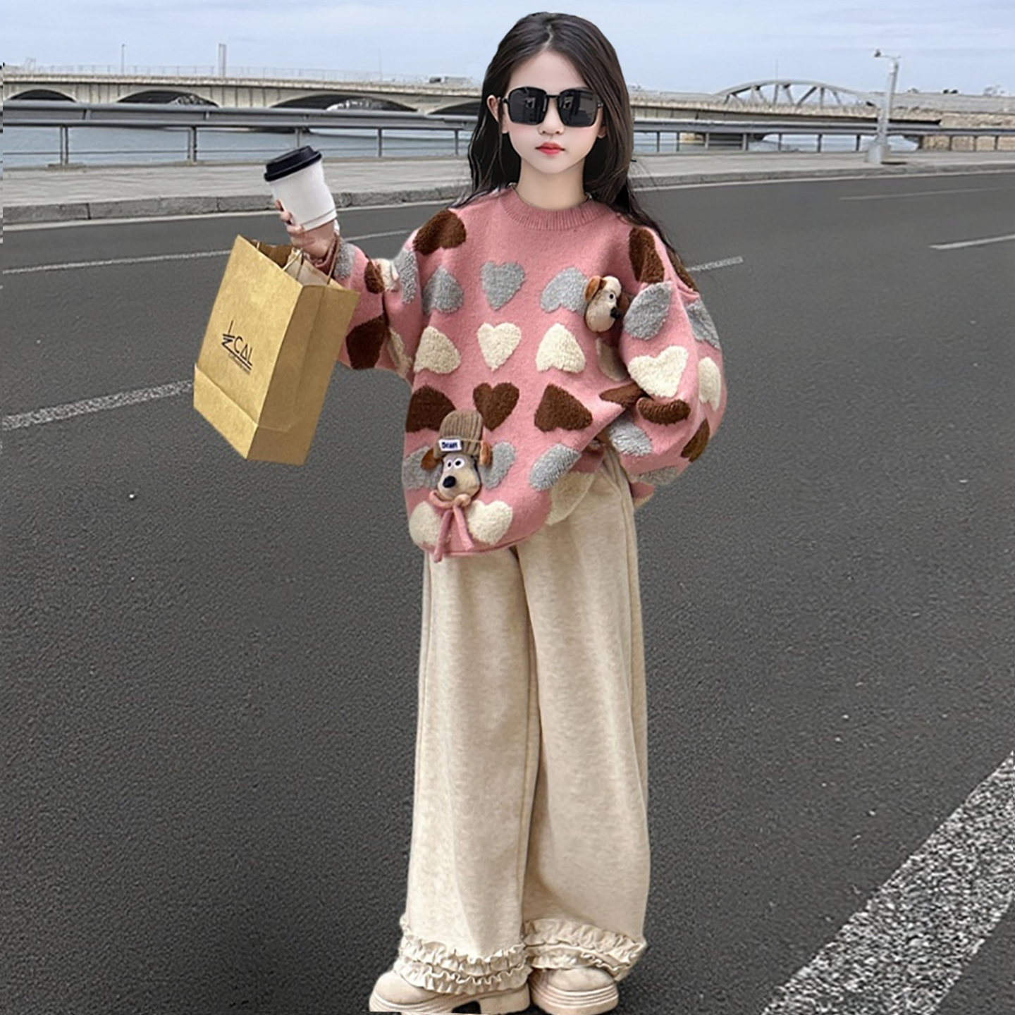 女童爱心毛衣2025秋季新款洋气时髦中大儿童针织衫百褶裙短裙套装,淘宝优惠券,粉丝福利购,淘宝优惠卷