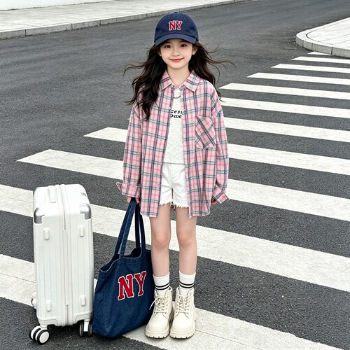 女童甜美可爱风格子衬衫2026春秋新款中大童洋气休闲衬衣格纹外套 - 图1