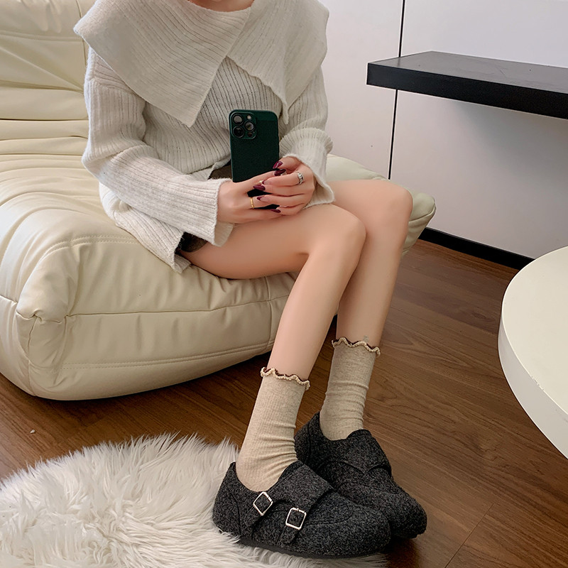 灰色毛呢勃肯鞋女秋冬厚底搭扣休闲乐福鞋加绒穆勒鞋,淘宝优惠券,粉丝福利购,淘宝优惠卷