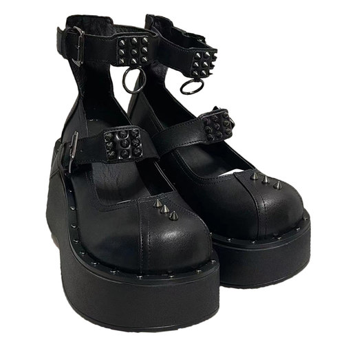 时光里的店亚文化铆钉朋克厚底女鞋脚踝绑带辣妹鞋小众白色大头鞋 - 图3