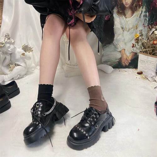 时光里的店潮酷粗跟链条鞋基佬装显瘦厚底鞋不良jk少女黑皮单鞋子 - 图2