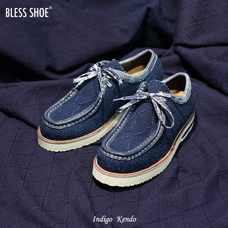 BLESS SHOE INDIGO KENDO手工蓝染刺子布秋季复古潮流休闲袋鼠鞋 - 图2