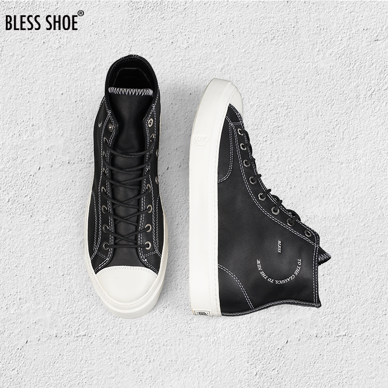BLESS SHOE 22SS B6 春季新品 手工制作简约风黑色真皮高帮休闲鞋 - 图2