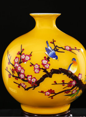 速发桌德镇陶瓷器金丝黄白色花瓶喜上眉梢家居工客品摆件中式景面