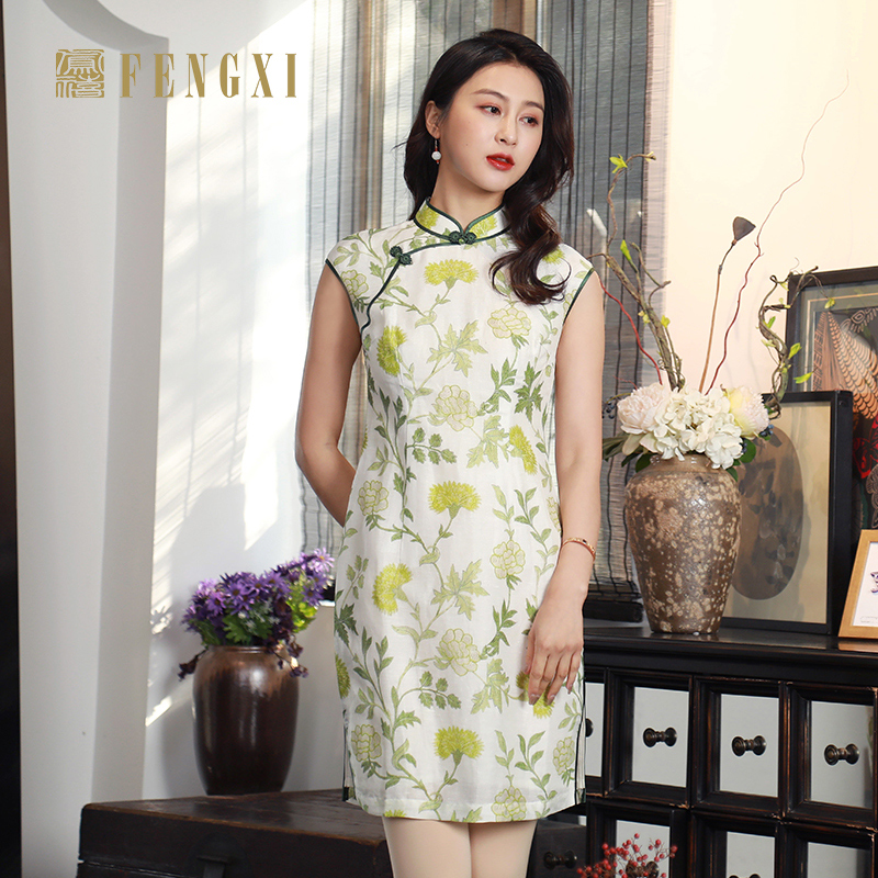 凤禧旗袍2023年新款春夏短款亚麻小个子旗袍日常年轻小清新女 - 图0