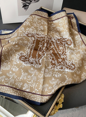 中古风小碎花棕色真丝丝巾70小方巾女薄款围巾领巾头巾搭衬衫大衣