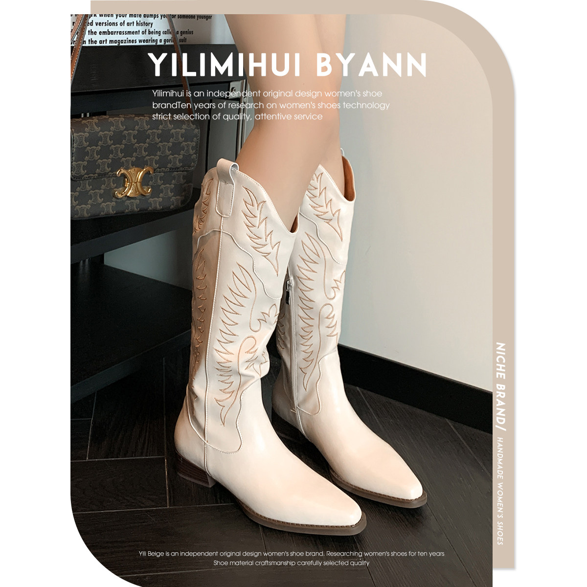 一力米灰 加州日落~！刺绣尖头西部牛仔靴粗跟高筒骑士靴长靴子女,淘宝优惠券,粉丝福利购,淘宝优惠卷