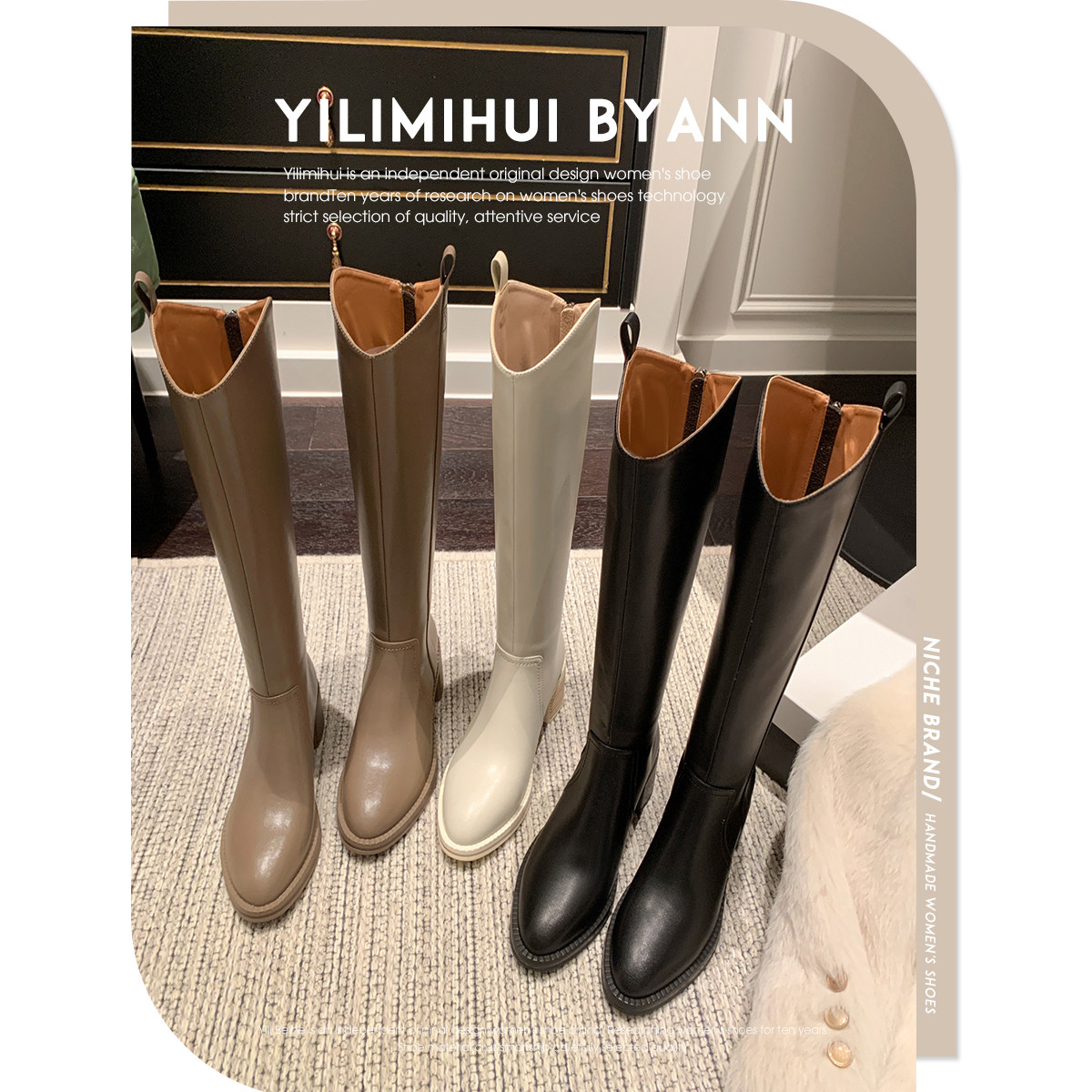 一力米灰 巨显腿细~！气质V口粗跟骑士靴显瘦不过膝靴复古长靴女,淘宝优惠券,粉丝福利购,淘宝优惠卷