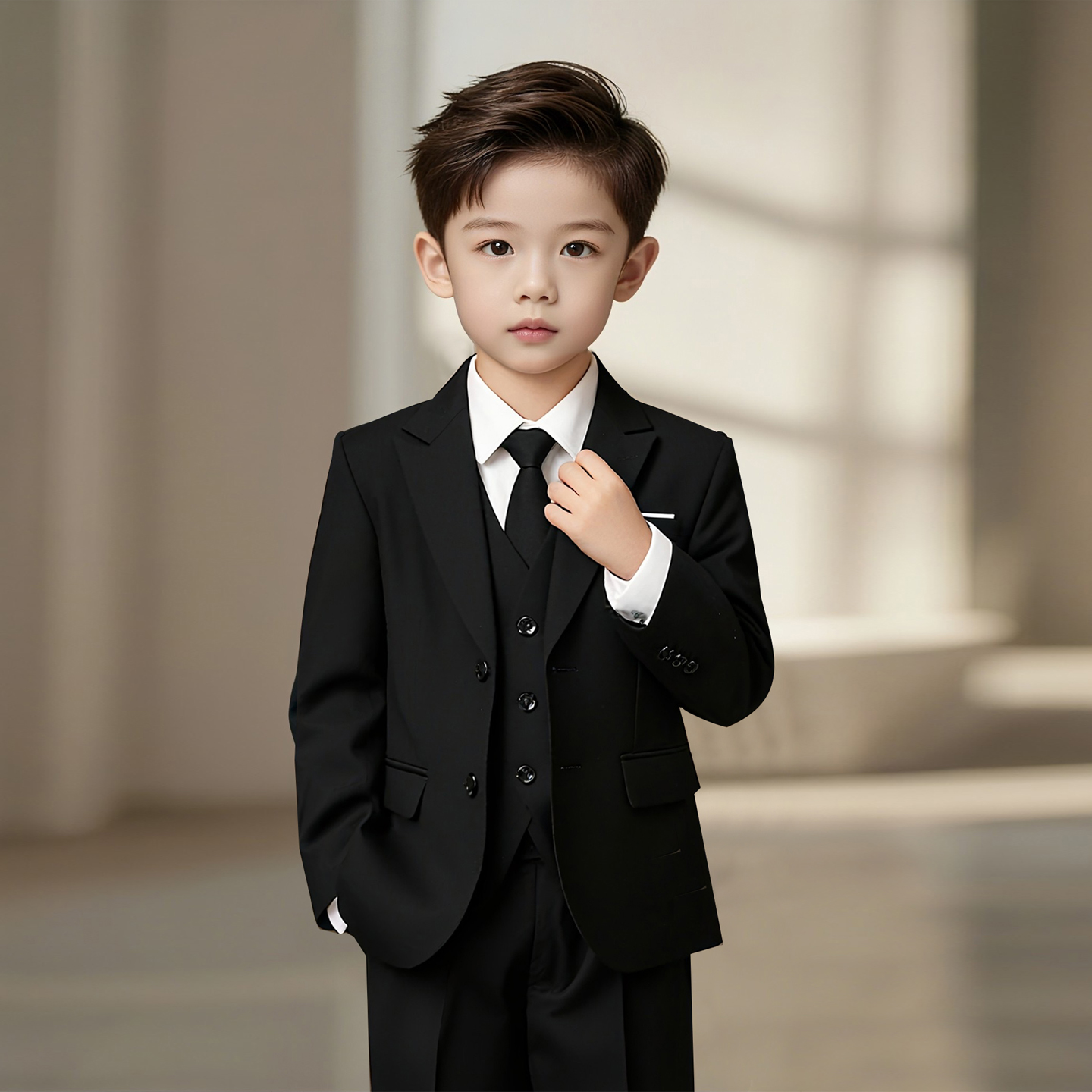 花童男童西装套装冬加绒婚礼男孩生日主持人礼服高端帅气儿童正装 - 图3