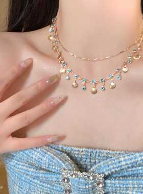 拾贝少女。日落派对复古宫廷风精致贝壳蓝色锆石双层轻奢项链女