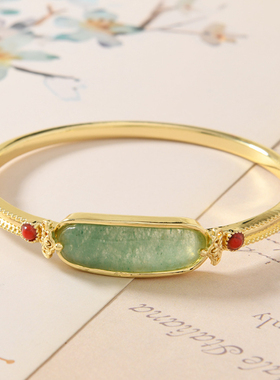 古风几何古法金色手镯女如意和田碧玉中国风复古气质开口镯子首饰