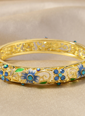 新款民族风景泰蓝珐琅滴油幸运四叶草单层手镯时尚气质高级感首饰