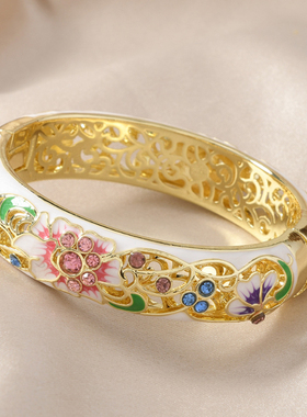 复古景泰蓝双层镂空式繁花似锦宽手镯时尚个性民族风旗袍首饰礼品