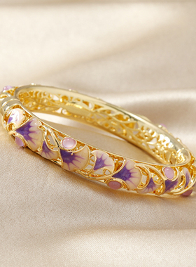 景泰蓝细手镯子女彩绘银杏叶掐丝时尚镀真金镂空复古宫廷风首饰品