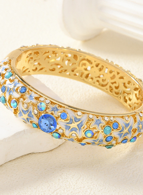 2025年新款景泰蓝民族风复古宽手镯钻石时尚电镀珐琅开口活扣手饰