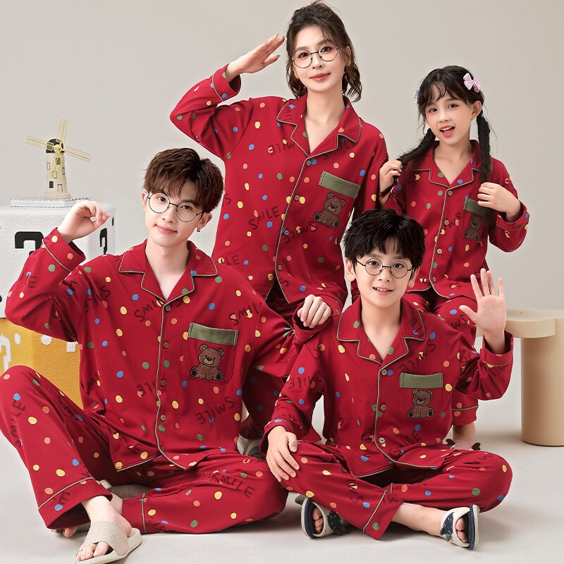 亲子睡衣一家三口春秋季纯棉长袖开衫儿童大红色家居服套装2025,淘宝优惠券,粉丝福利购,淘宝优惠卷