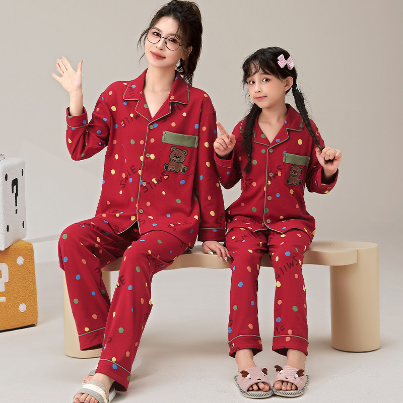 母女睡衣春秋季长袖纯棉大红色亲子翻领卡通学生家居服女大童套装,淘宝优惠券,粉丝福利购,淘宝优惠卷