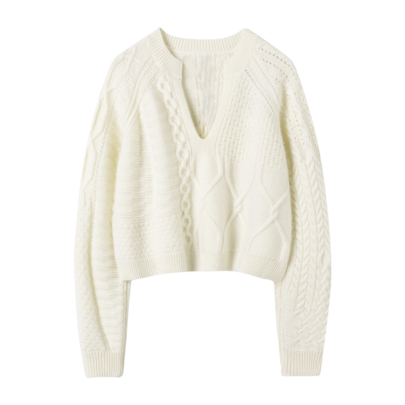 倾心遇你~2024春新款100%纯山羊绒法式V领毛衣羊绒粗花针织衫女 - 图3