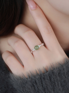 阿宝S999足银竹节和田玉碎银戒指新中式国风小清新简约戒指代发