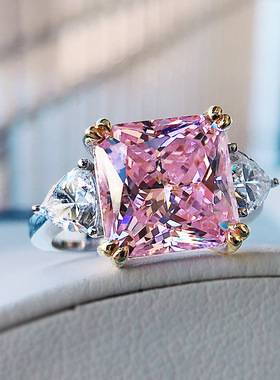 隆隆金珠宝2024新款S925银高碳钻5克拉方枕形黄粉钻戒仿真戒指女