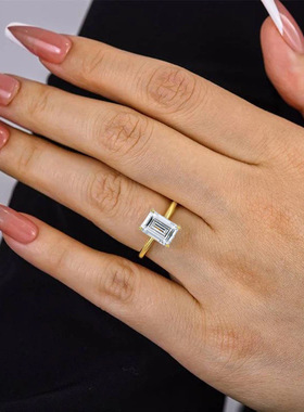 隆隆金珠宝新款S925银高碳钻祖母绿切割长方形7*10欧美爆款指环