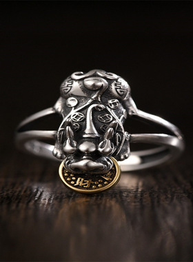 925银国潮复古做旧男女个性复古泰银小众设计感纯银铜钱貔貅戒指