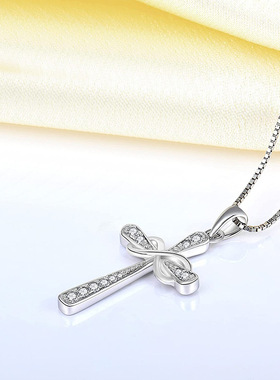 S925银项链 欧美亚马逊8字十字架吊坠锆石项坠信仰饰品