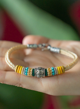 925银六字真言转运珠手链男女情侣礼物手工编织红绳手绳民族风