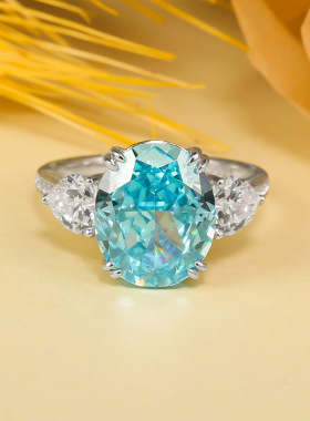 隆隆金 新款海蓝色冰花切戒指女10*12椭圆欧美潮S925银一件代发