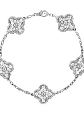 梵家高版本925银CNC四叶草满钻镭射五花手链天然贝母玉髓六花手饰