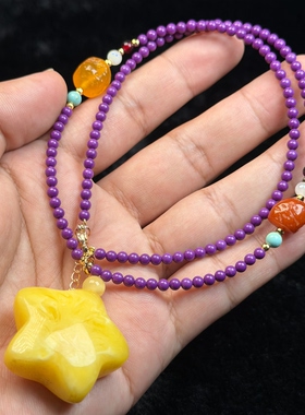 俄料鸡油黄飘花星星蜜蜡琥珀原石紫罗兰小米珠链锁骨项链百搭气质