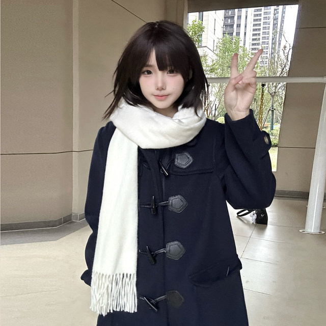 车厘子jk【冬雾原】日系连帽牛角扣大衣女原创学院风加厚长款外套