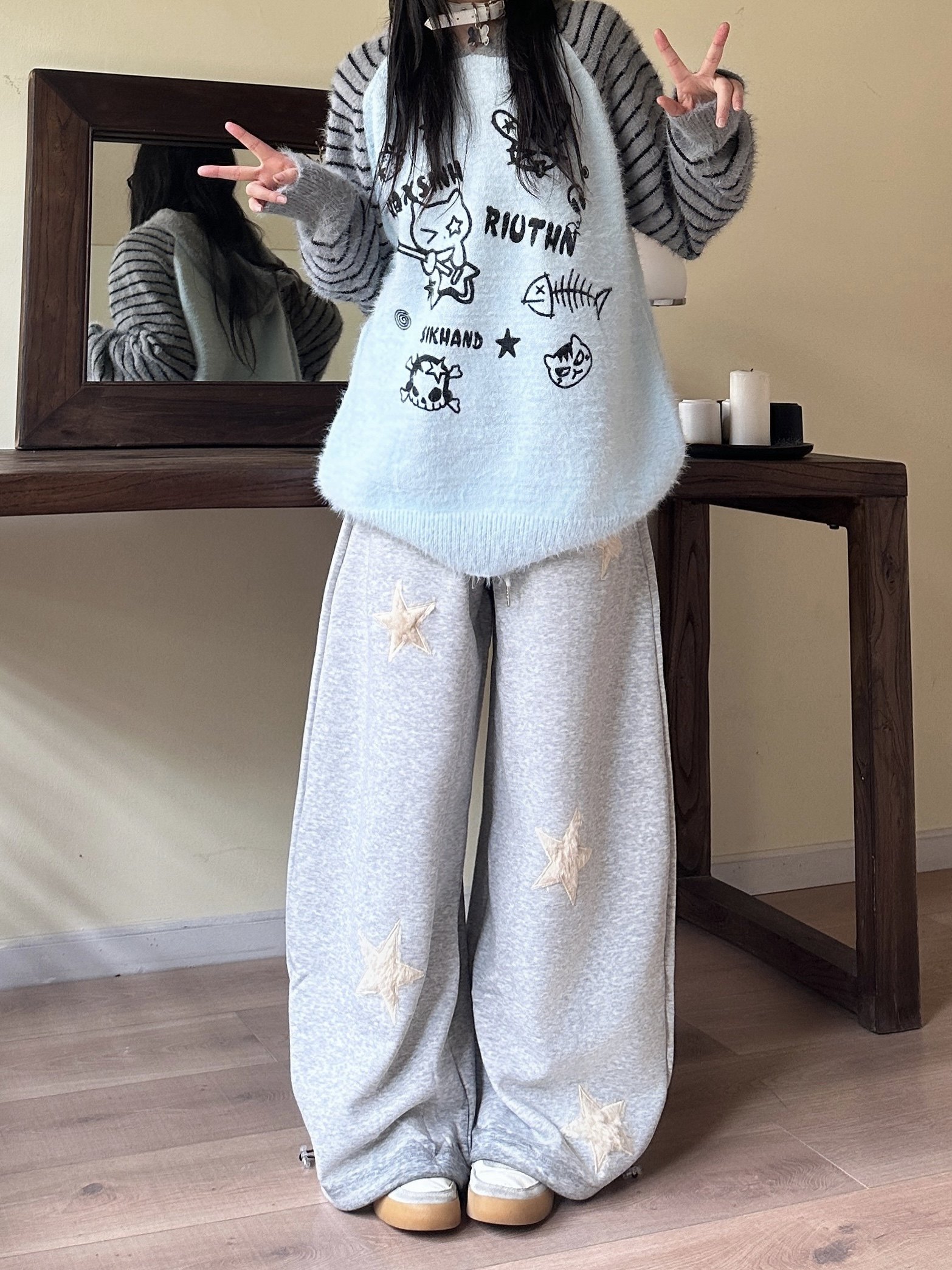 咖喱人星星刺绣卫裤女秋冬新款宽松显瘦百搭休闲运动阔腿拖地长裤,淘宝优惠券,粉丝福利购,淘宝优惠卷