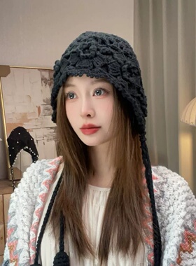手工钩花针织毛线帽女